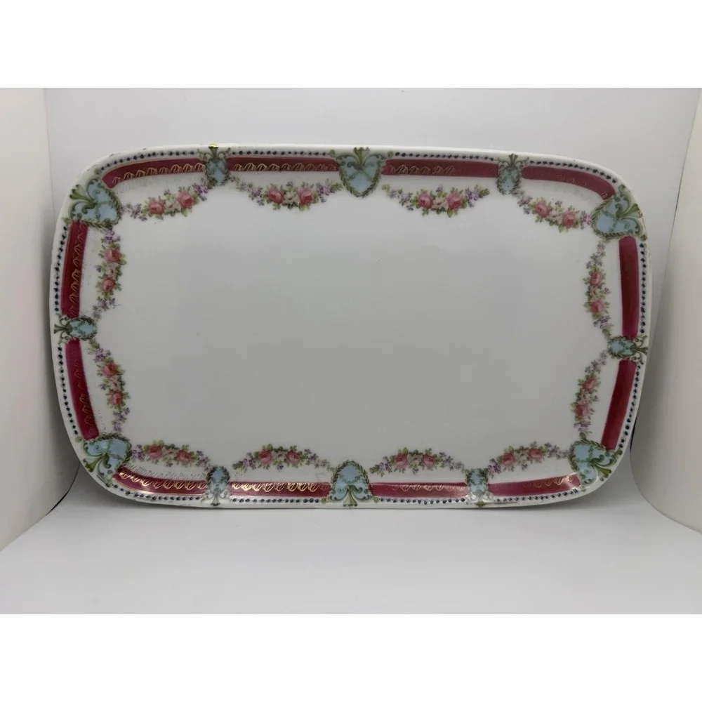 Antique ES Prussia Porcelain Dresser Tray Pink Roses Raspberry Border 11.25